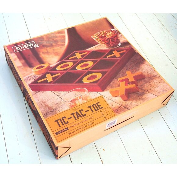 Refinery & Co. Wood Tic-Tac-Toe 14" Premium Board Game Brass-Look Play Pieces - Picture 3 of 6
